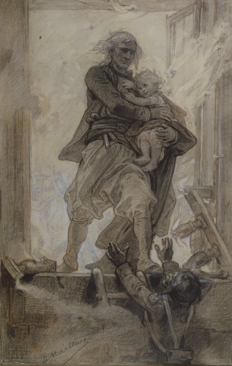 Lantenacin markiisi pelastamassa lasta, kuvitus Quatre-vingt-treizestä, Victor Hugo (1802-85) (kynä, värikynä ja guassi paperilla) tekijältä Diogene Ulysse Napoleon Maillart