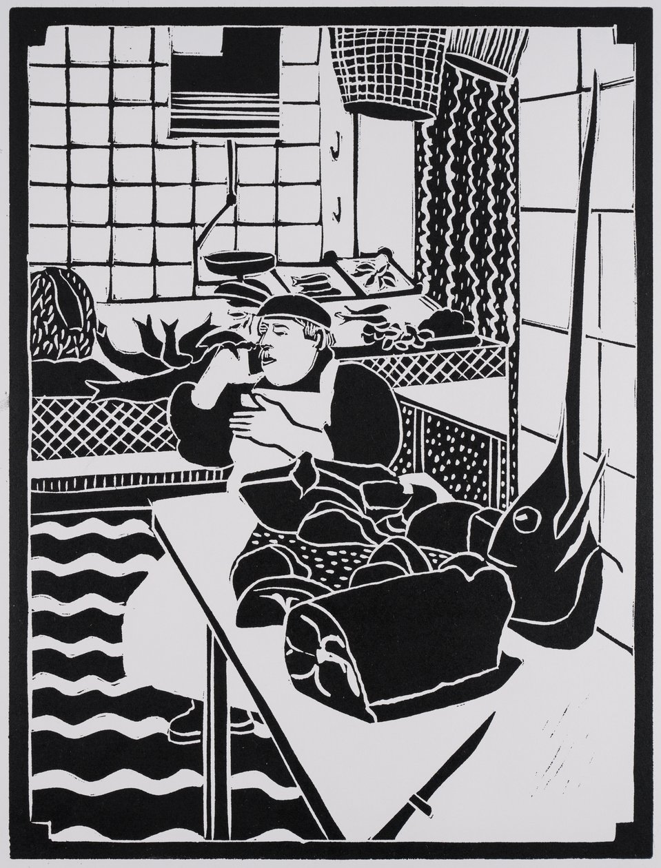 Kalaa myytävänä, Sisilia, 2025 (Linoleikkaus) (Linocut) tekijältä Dione Verulam