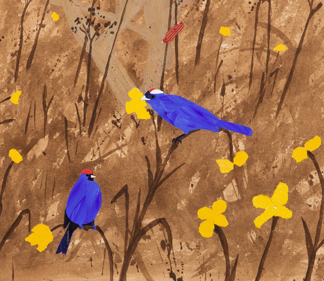 Perusvärit (Diadem Tanagers  Ceibo puu) (akryyli  kollaasi) (akryyli  kollaasi) tekijältä Dione Verulam