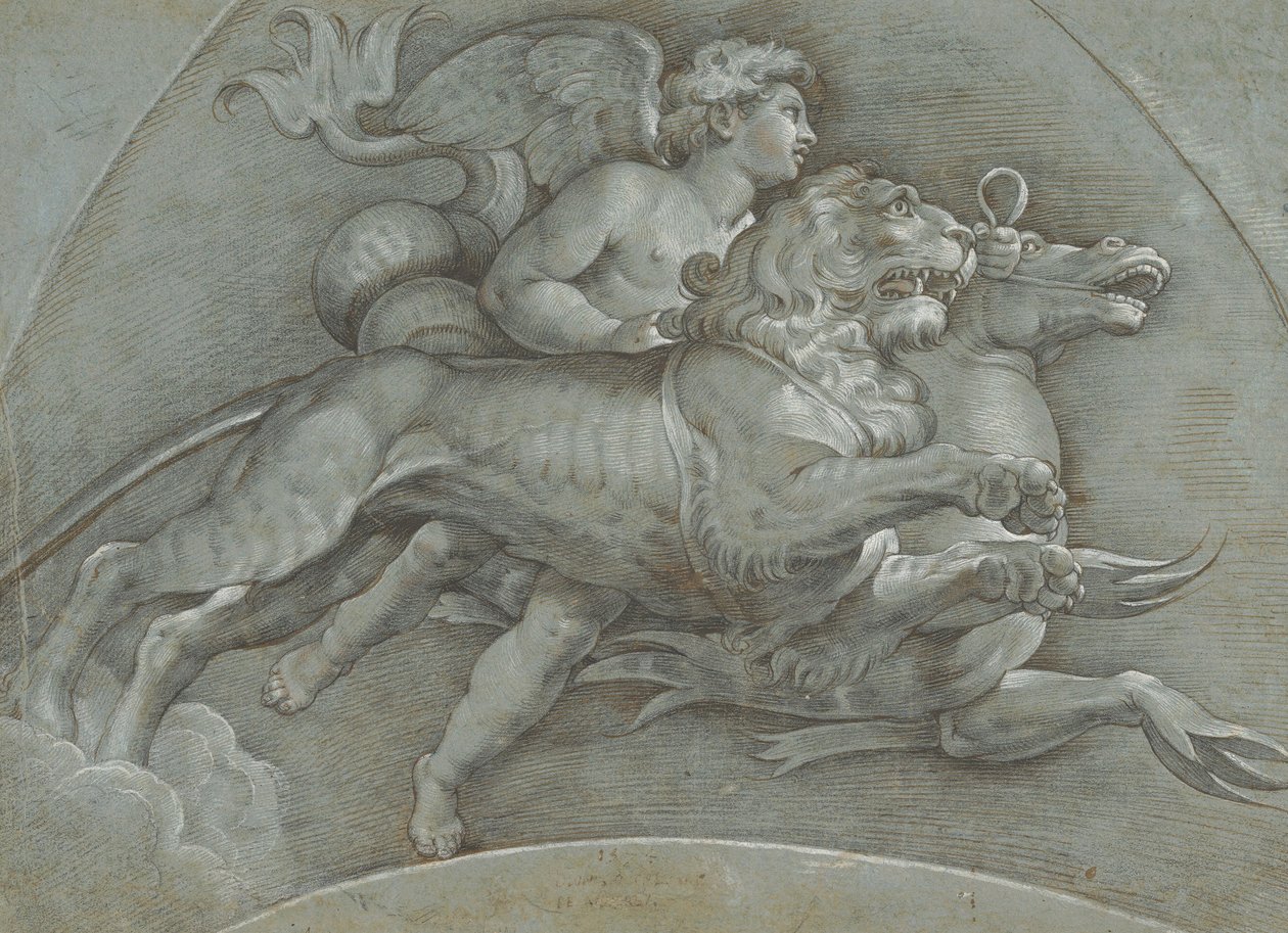 Siivekäs putto ratsastaa merihevosella ja leijonalla Rafaelin perässä, verso..., 1574. tekijältä Dionisio Calvaert
