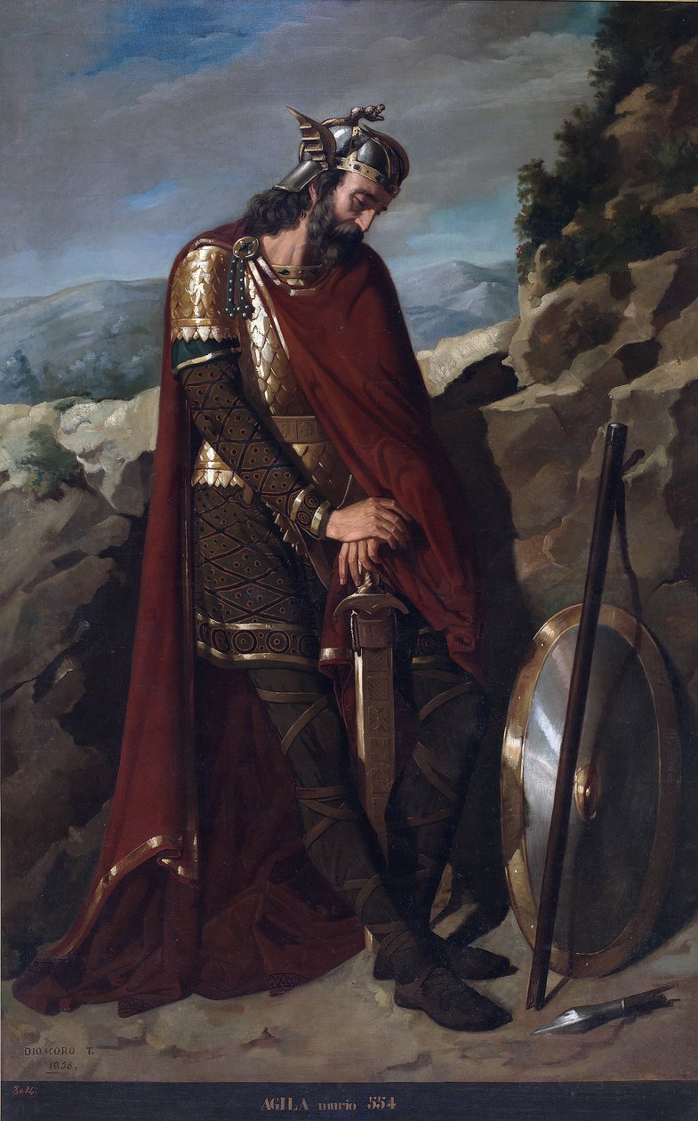 Espanjan visigoottien kuninkaan Agila I:n muotokuva (k. 555) (Visigoottilainen kuningas Agila tai Achila, Akhila, Aquila, Agil I) Dioscoro Teofilo Puebla Tolinin (1831-1901) maalaus 1856 Palace of Courts, Madrid tekijältä Dioscoro Teofilo Puebla Tolin