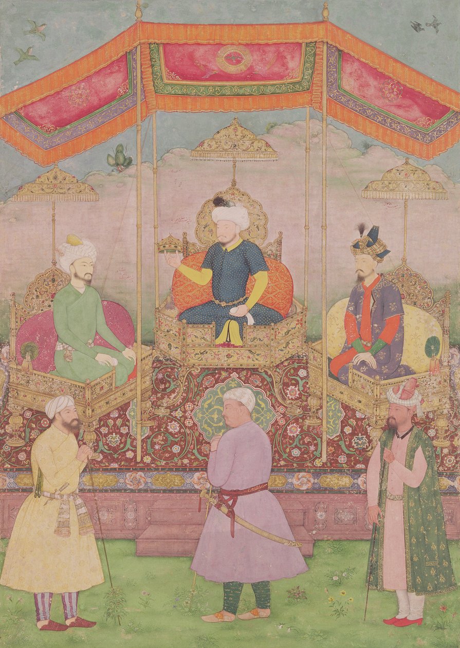 Mughal-keisari Babur ja hänen poikansa Humayan, intialainen miniatyyri Rajasthanista, 1500-luku tekijältä Dip Chand