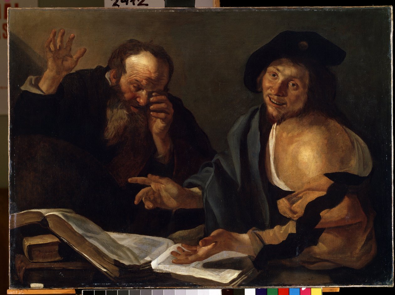 """"Herakleitos ja Demokritos"" Kreikkalaiset filosofit Herakleitos Efesolainen (Herakleitos) (535-475 eKr.) ja Demokritos (Demokritos) (460-370 eKr.). Theodore van Baburenin (Dirk Baburen) maalaus (1570/90-1623/4) 1600-luvun Mikalon taidemuseo tekijältä Dirck Baburen van