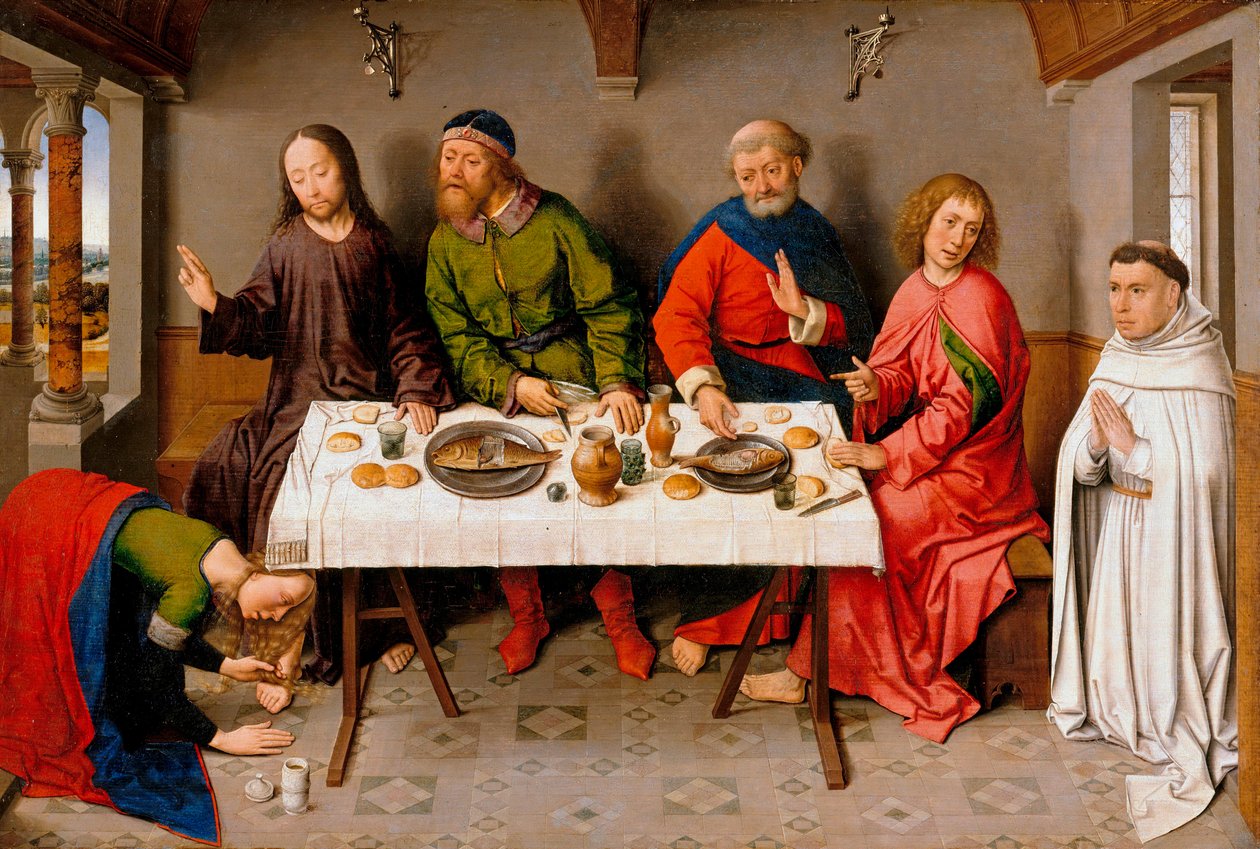 "Kristus Simon fariseuksen luona" (Kristus Simon fariseuksen talossa) Magdalan Maria levittää voidetta Jeesuksen jalkoihin - Dirk (Dieric) Boutsin maalaus, dit le Vieux (1410/20-1475), n. 1450 - Öljy puulle, 40,5x61 - Staatliche Museen, Berl tekijältä Dirck Bouts