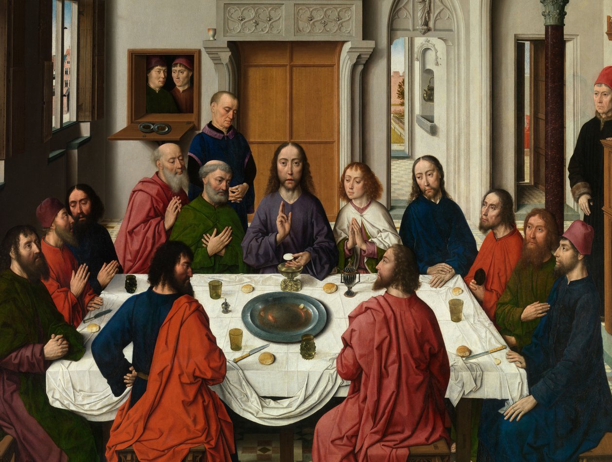 Pormenor do Tríptico da Última Ceia, do Retábulo do Santíssimo Sacramento, c.1464-68 (óleo sobre painel) finlandês tekijältä Dirck Bouts