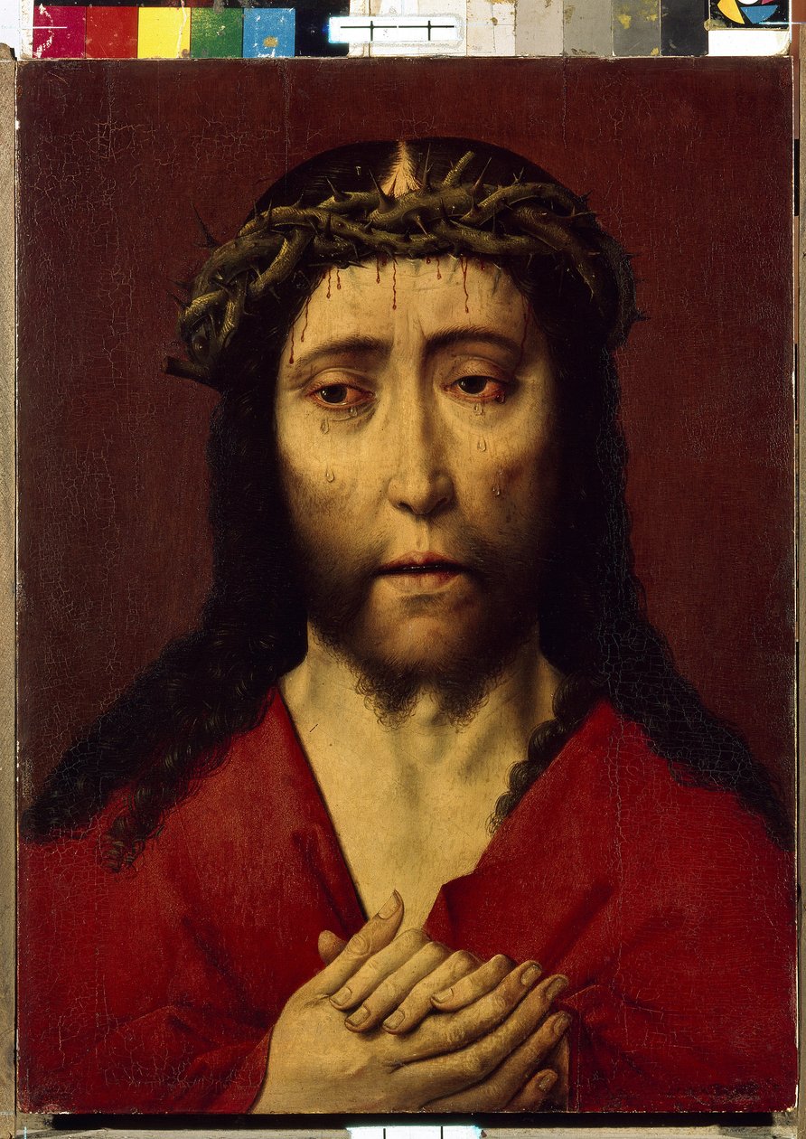 Ecce Homo (Tässä on mies). Dirck (Dieric, Dirk) Bouts le Vieux (vanhin) maalaus (1410-1475), öljy puulle. Flanderin primitiivinen taide 1400-luvulta. Valtion Eremitaaši, Pietari tekijältä Dirck Bouts