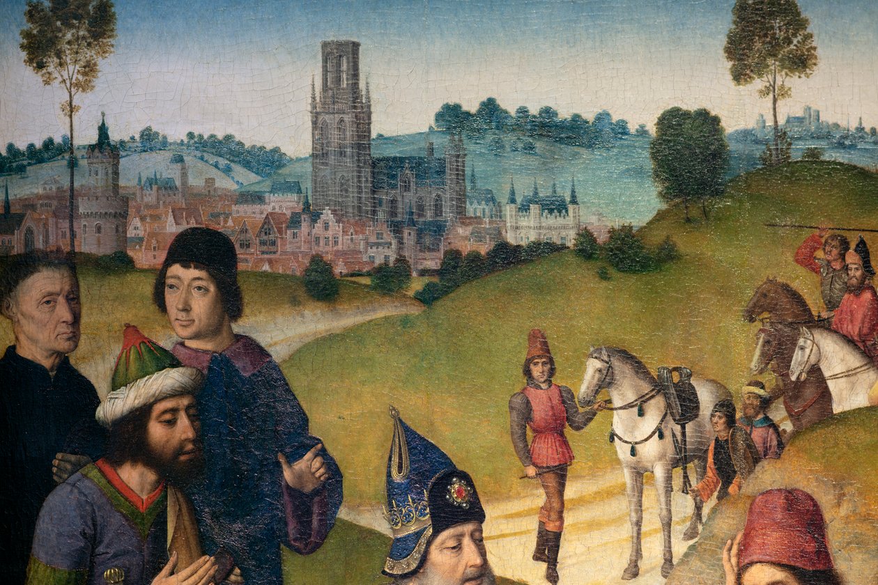 Seurakuntakirkko (Parochiekerk Sint-Pieter). Maalaus. Viimeinen ehtoollinen. Dirk Bouts. 1464-1468. Yksityiskohta. Vasen paneeli. tekijältä Dirck Bouts