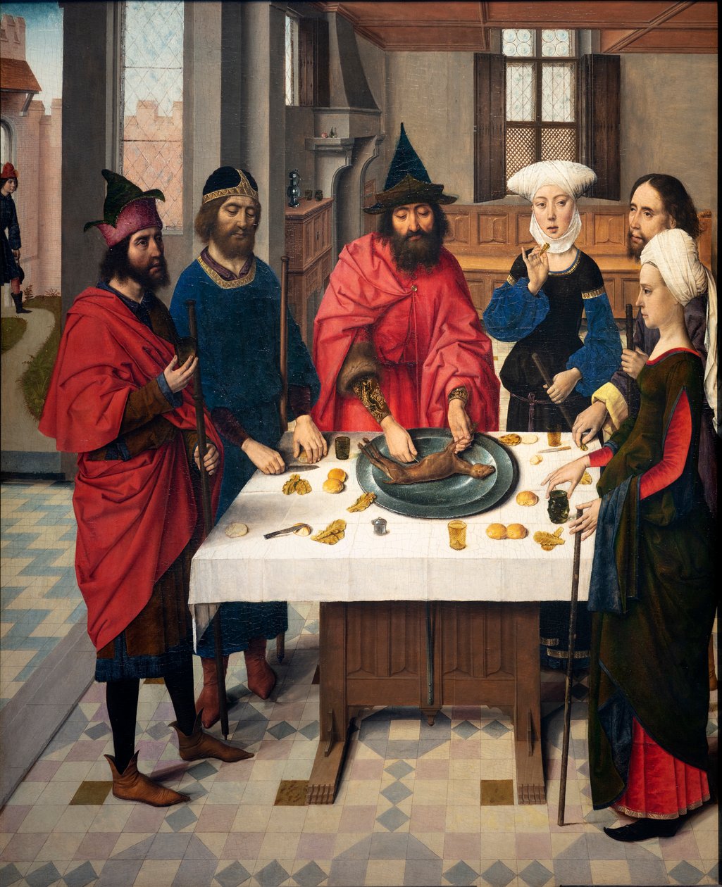 Seurakuntakirkko (Parochiekerk Sint-Pieter). Maalaus. Viimeinen ehtoollinen. Dirk Bouts. 1464-1468. Yksityiskohta. Vasen paneeli. tekijältä Dirck Bouts