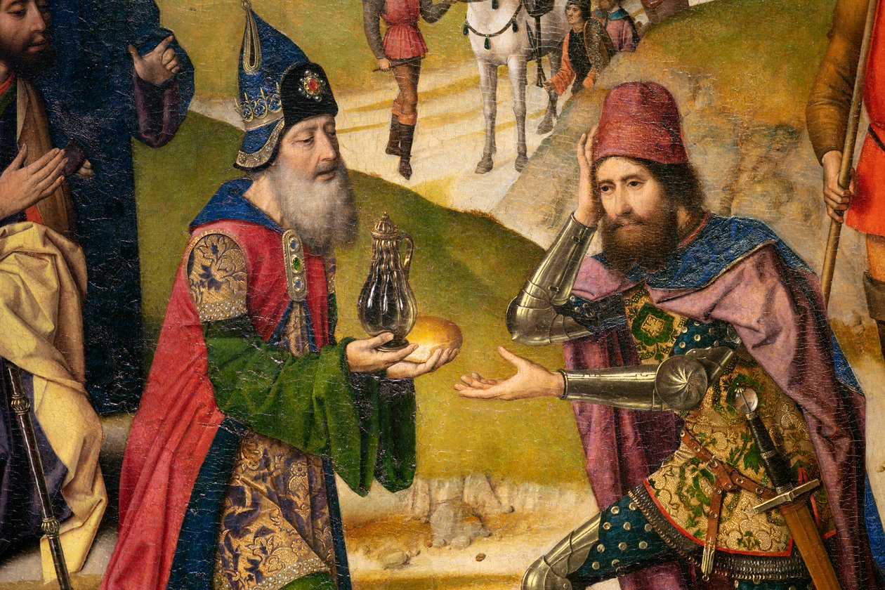 Seurakunnan kirkko (Saint Peter Parish Church). maalaus. Viimeinen ehtoollinen. Dirk Bouts. 1464-1468. Yksityiskohta. Vasen paneeli. tekijältä Dirck Bouts