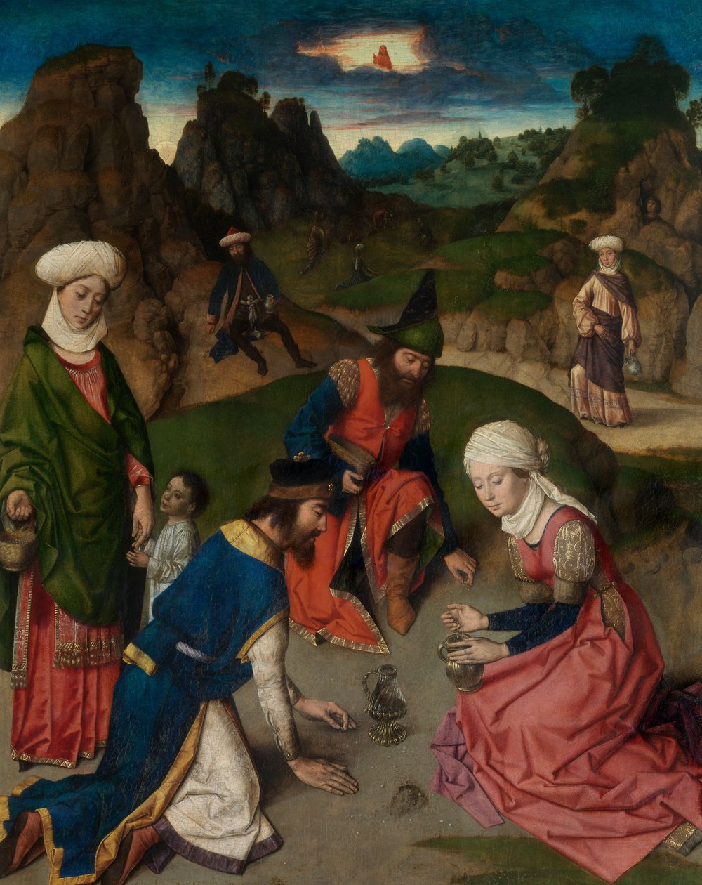 The Gathering of the Manna, yksityiskohta Pyhän Sakramentin alttaritaulusta, n. 1464-68 (öljy paneelille) tekijältä Dirck Bouts