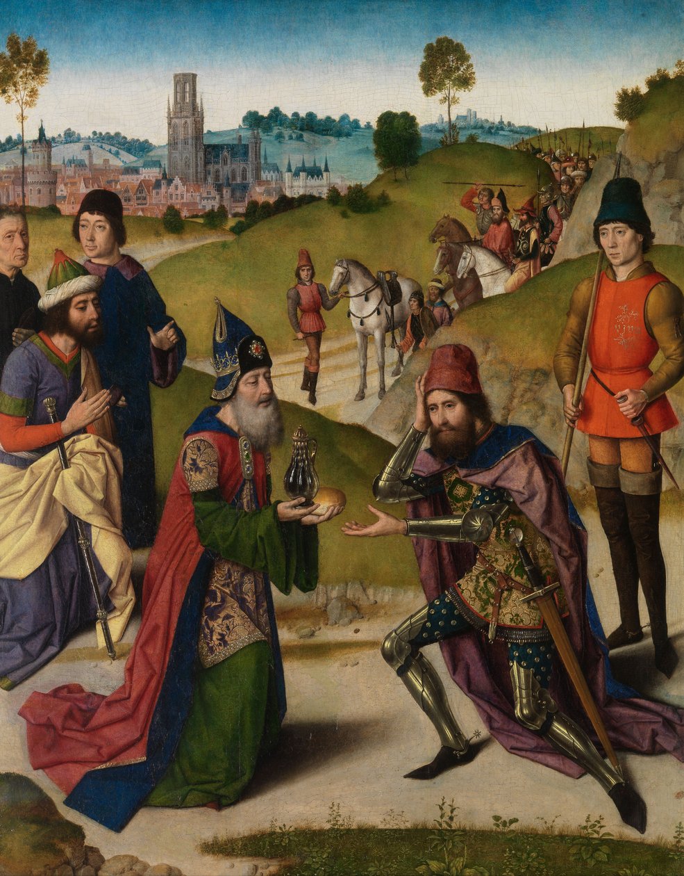 Abrahamin ja Melkisedekin tapaaminen, yksityiskohta Pyhän Sakramentin alttaritaulusta, n. 1464-68 (öljy paneelille) tekijältä Dirck Bouts