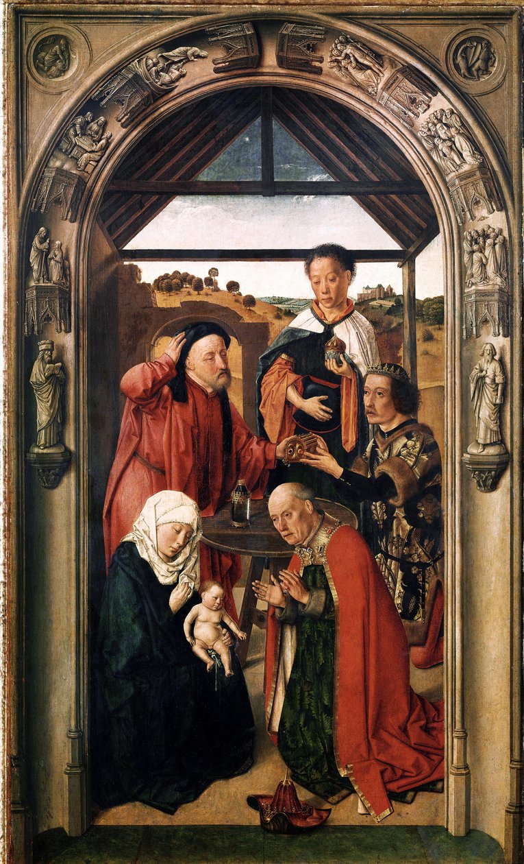 Maagien palvonta (öljy puulle, n. 1445) tekijältä Dirck Bouts