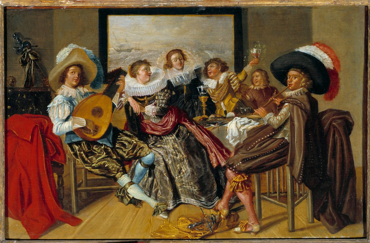 Gallant Meeting Muusikot ja nuoret naiset soittamassa musiikkia ja nostamassa lasiaan juhlissa. Dirk Halsin (1591-1656) maalaus 1625 Sun. 0,3x0,46 m tekijältä Dirck Hals