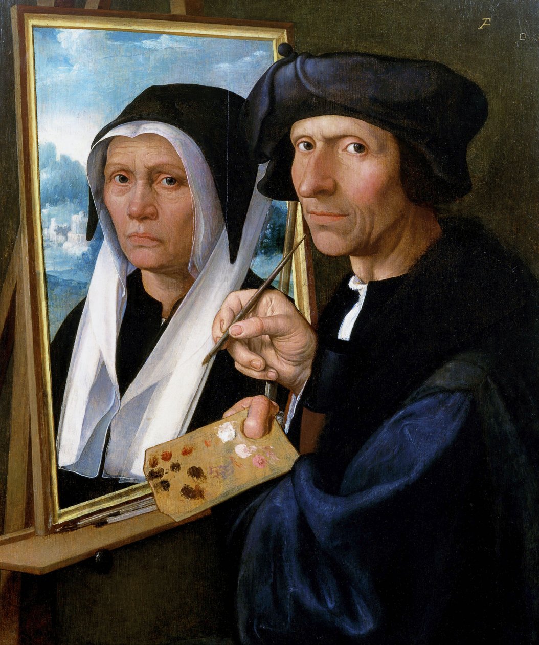 Jacob Cornelisz. van Oostsanen maalaamassa muotokuvaa vaimostaan. tekijältä Dirck Jacobsz