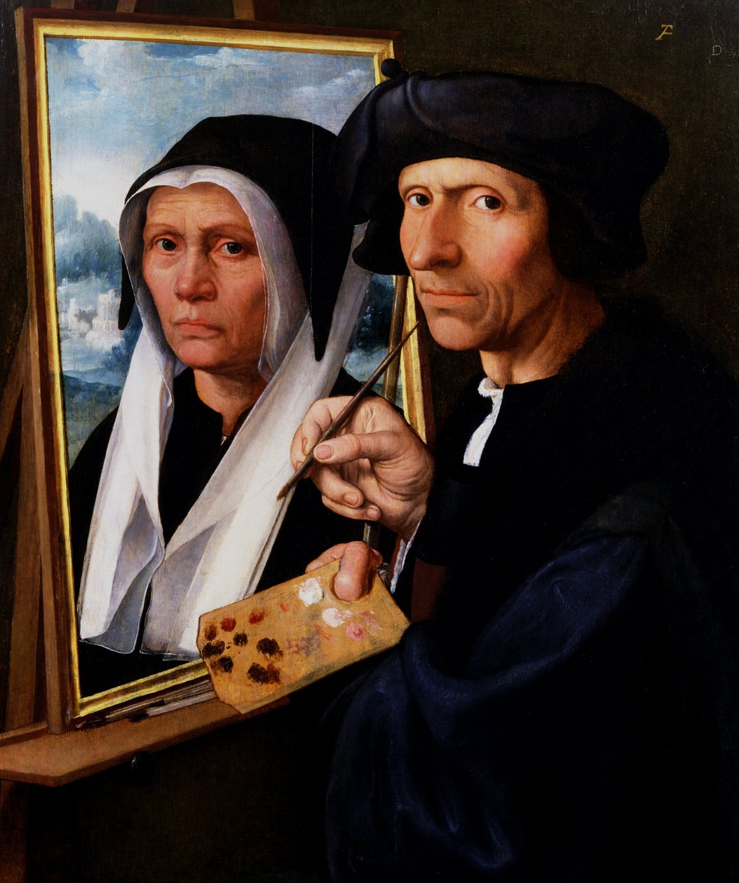 Jacob Cornelisz. van Oostsanen maalaamassa vaimonsa muotokuvaa, noin 1530-1550 (öljy paneelille). tekijältä Dirck Jakobsz