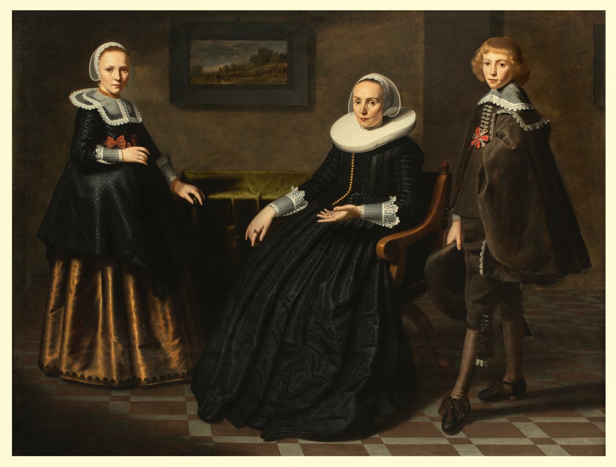 Äiti poikansa ja tyttärensä kanssa, n. 1641-41 (öljy viistetyssä tammipaneelissa) tekijältä Dirck Santvoort