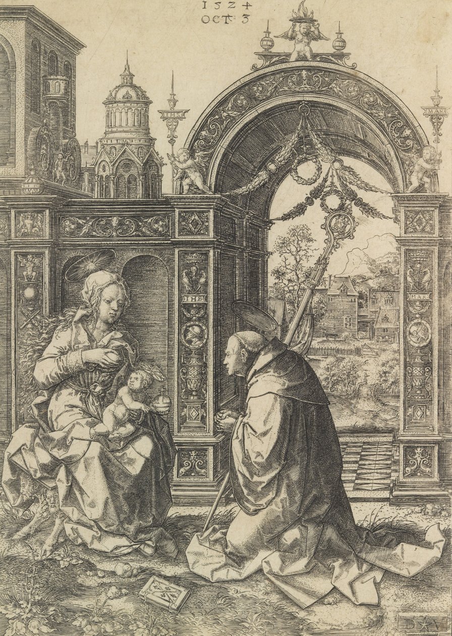 Pyhä Bernard palvoo Kristus-Lasta, 5. lokakuuta 1524. tekijältä Dirck Vellert