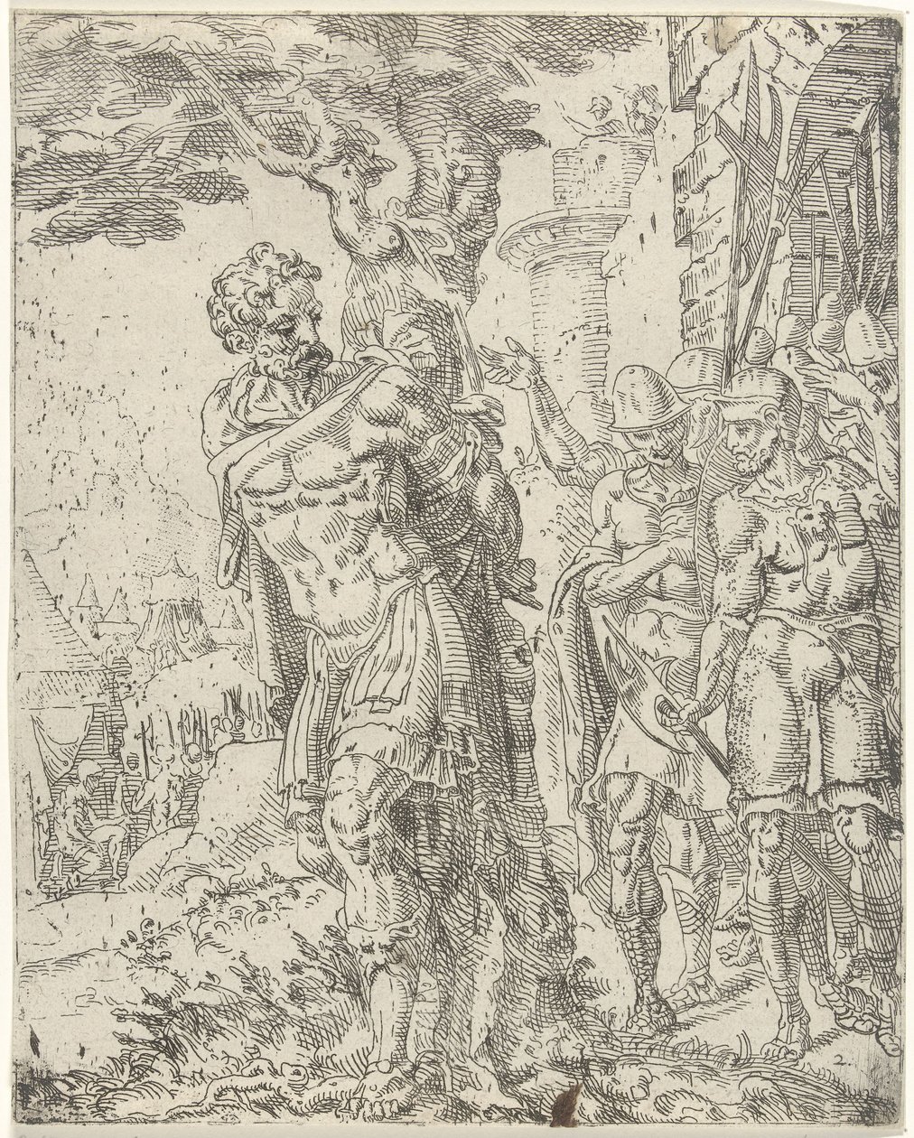 Achior sidottu puuhun Judit ja Holofernes (sarjan nimi) tekijältä Dirck Volckertsz. Coornhert (attributed to)