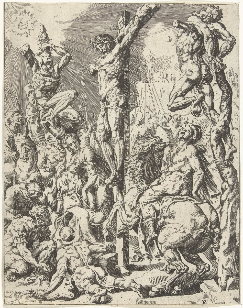 Kristus ristillä Ihmiskunnan lankeemus ja lunastus Kristuksen elämän ja kärsimyksen kautta (sarjan nimi) tekijältä Dirck Volckertsz. Coornhert (attributed to)