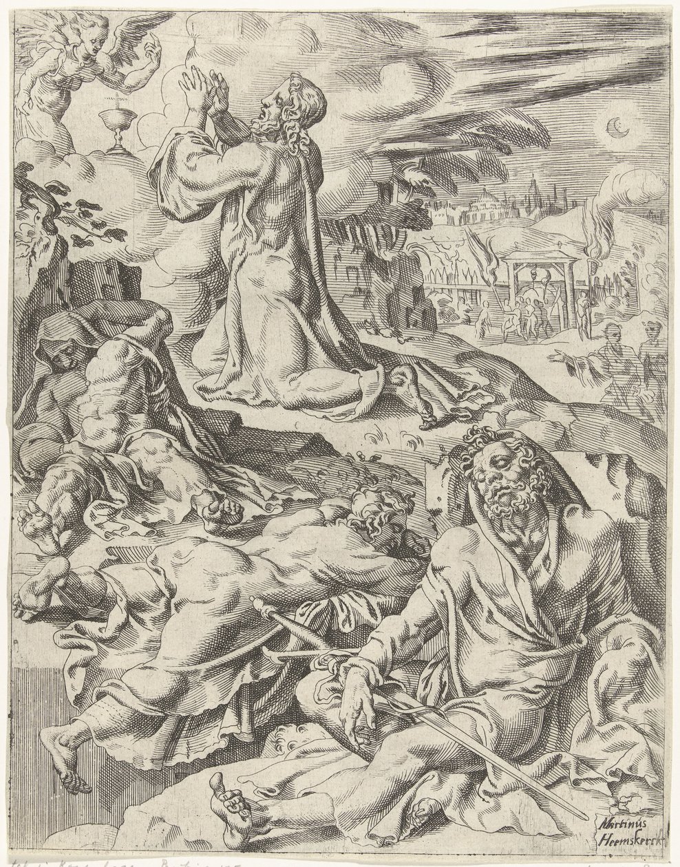 Kristus Getsemanen puutarhassa Ihmiskunnan lankeemus ja lunastus Kristuksen elämän ja kärsimyksen kautta (sarjan nimi) tekijältä Dirck Volckertsz. Coornhert (attributed to)