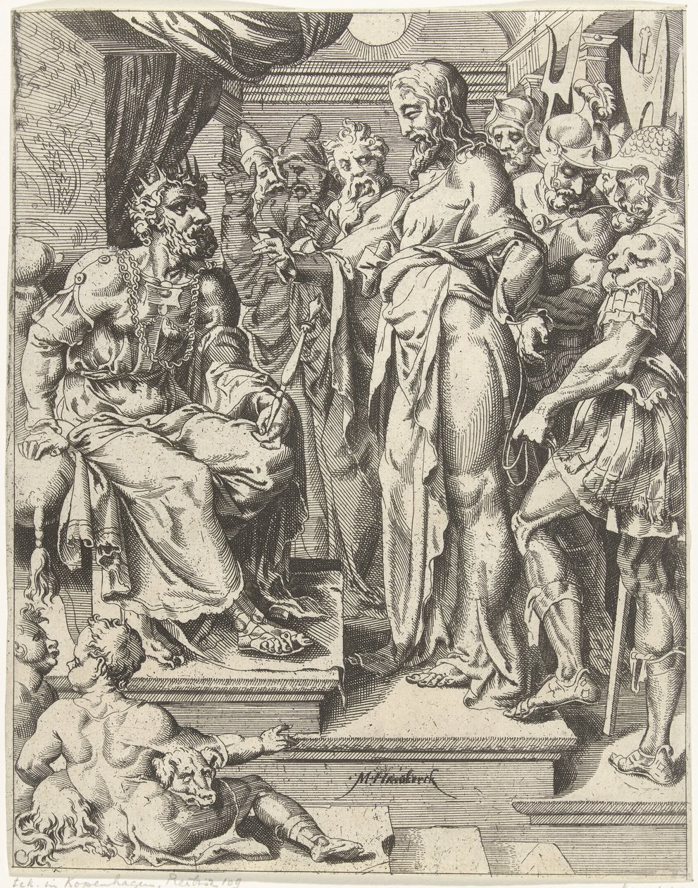 Kristus Herodeksen edessä Ihmiskunnan lankeemus ja lunastus Kristuksen elämän ja kärsimyksen kautta (sarjan nimi) tekijältä Dirck Volckertsz. Coornhert (attributed to)