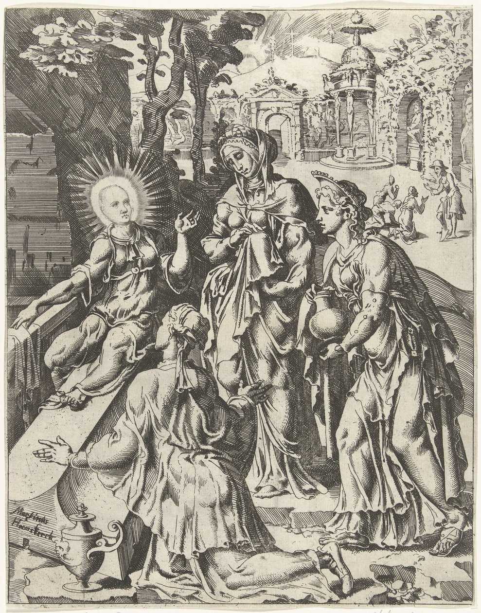 Pyhät naiset haudalla Ihmiskunnan lankeemus ja lunastus Kristuksen elämän ja kärsimyksen kautta (sarjan nimi) tekijältä Dirck Volckertsz. Coornhert (attributed to)