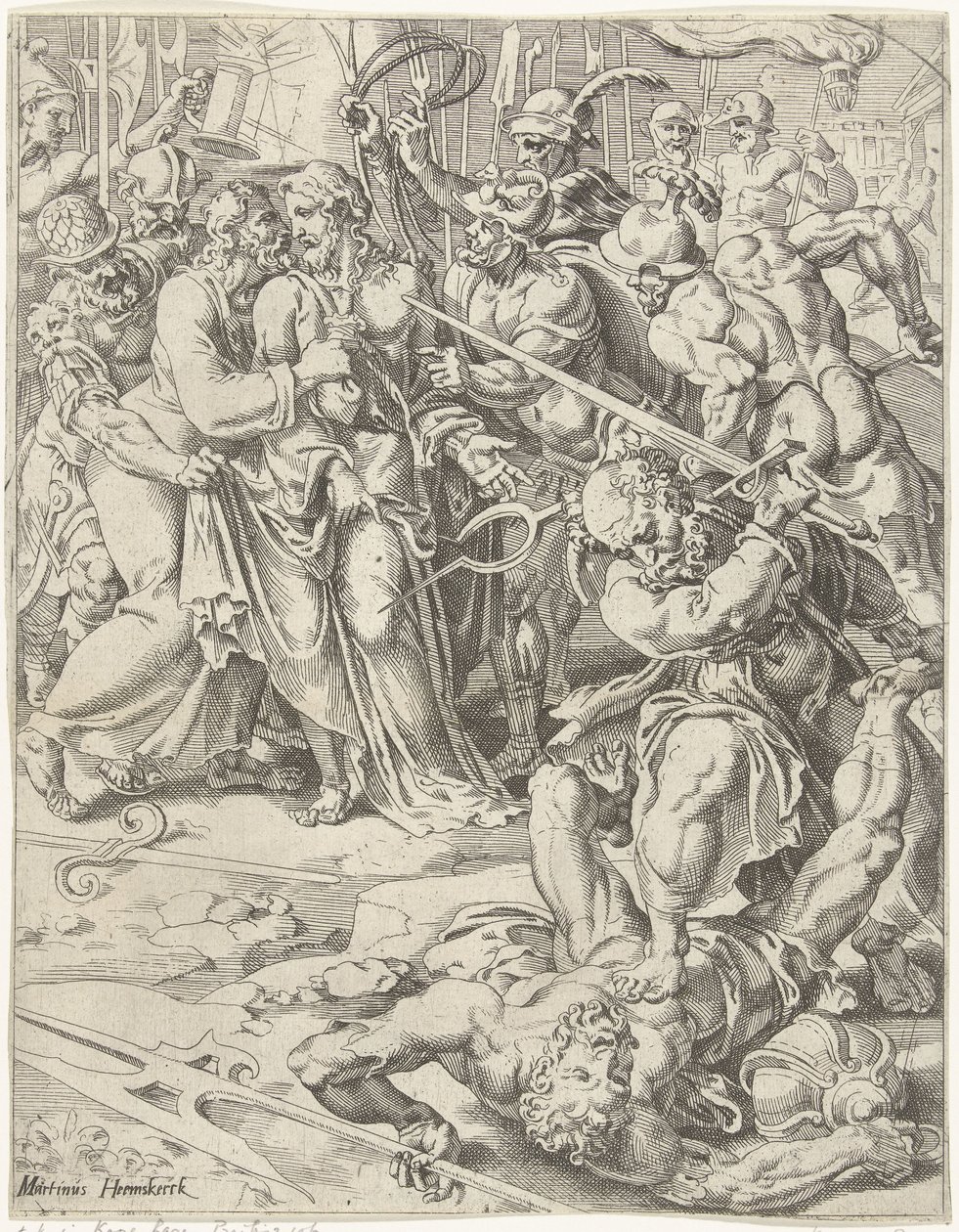 Judas Kiss ja Kristuksen pidätys Ihmiskunnan lankeemus ja lunastus Kristuksen elämän ja kärsimyksen kautta (sarjan nimi) tekijältä Dirck Volckertsz. Coornhert (attributed to)