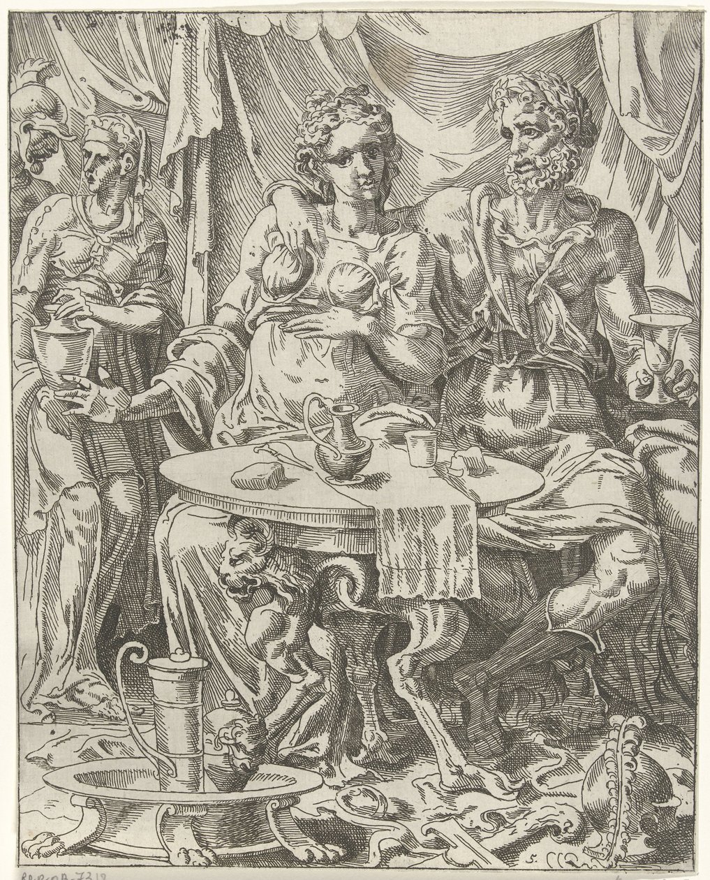 Judith ja Holofernes nauttivat juhlasta Judith ja Holofernes (sarjan nimi) tekijältä Dirck Volckertsz. Coornhert (attributed to)