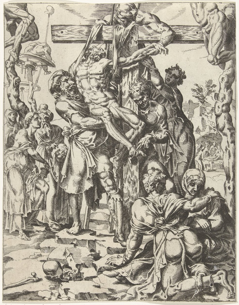 Laskeutuminen ristiltä Ihmiskunnan lankeemus ja lunastus Kristuksen elämän ja kärsimyksen kautta (sarjan nimi) tekijältä Dirck Volckertsz. Coornhert (attributed to)