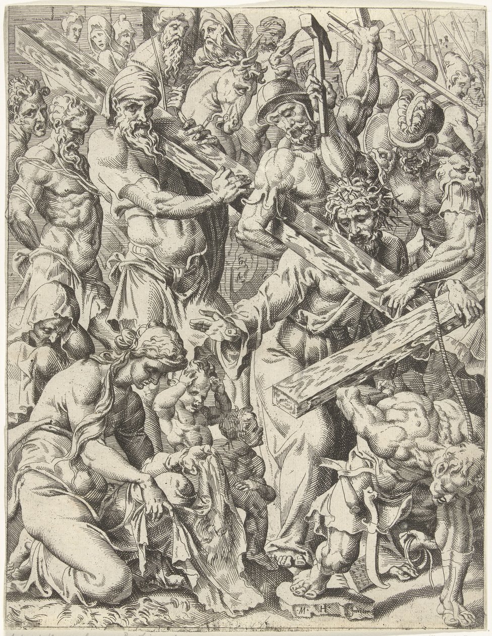 Ristin kantaminen Ihmiskunnan lankeemus ja lunastus Kristuksen elämän ja kärsimyksen kautta (sarjan nimi) tekijältä Dirck Volckertsz. Coornhert (attributed to)