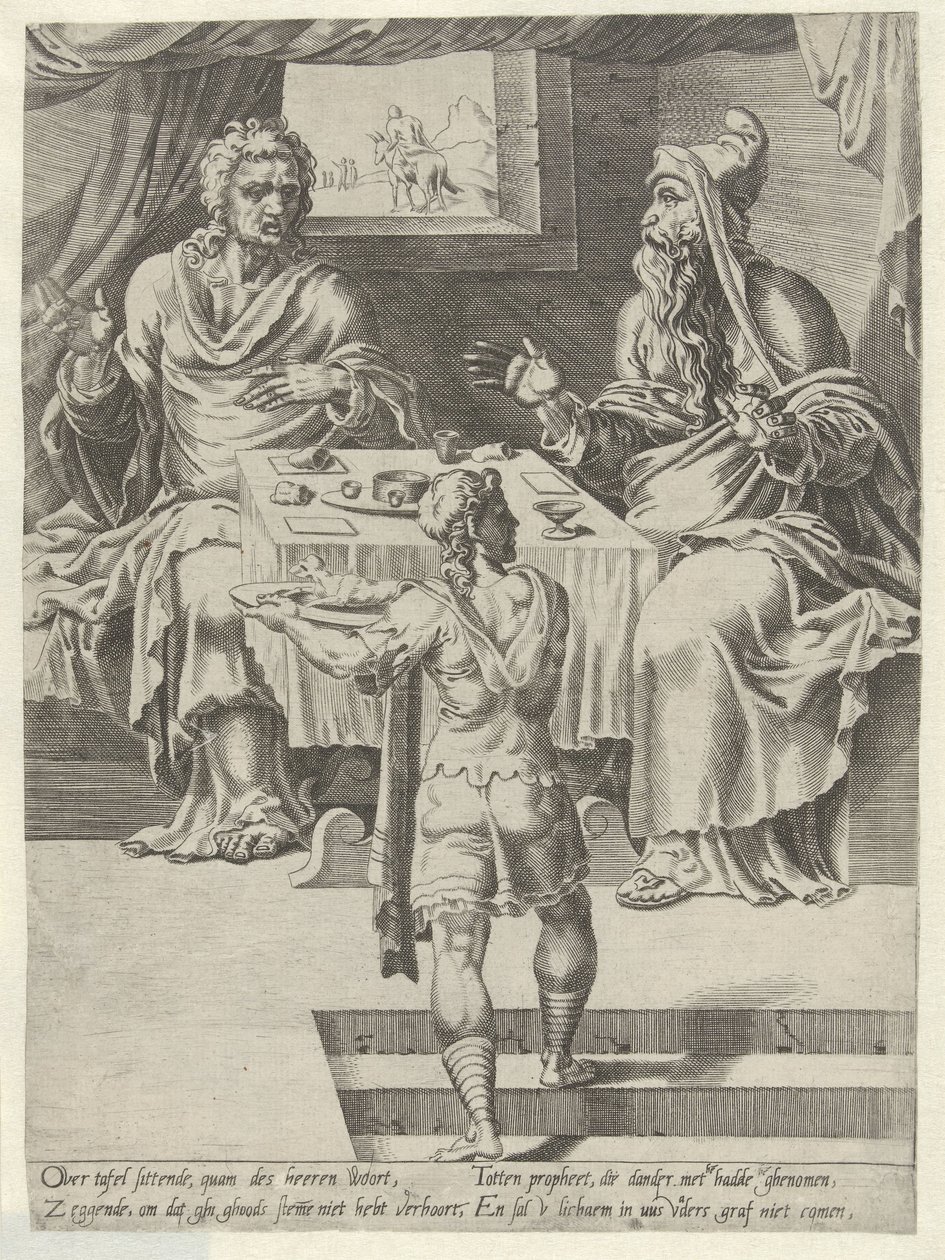Jumalan miehen ja vanhan profeetan ateria Tarina tottelemattomasta Jumalan miehestä (sarjan nimi) tekijältä Dirck Volckertsz. Coornhert (attributed to)