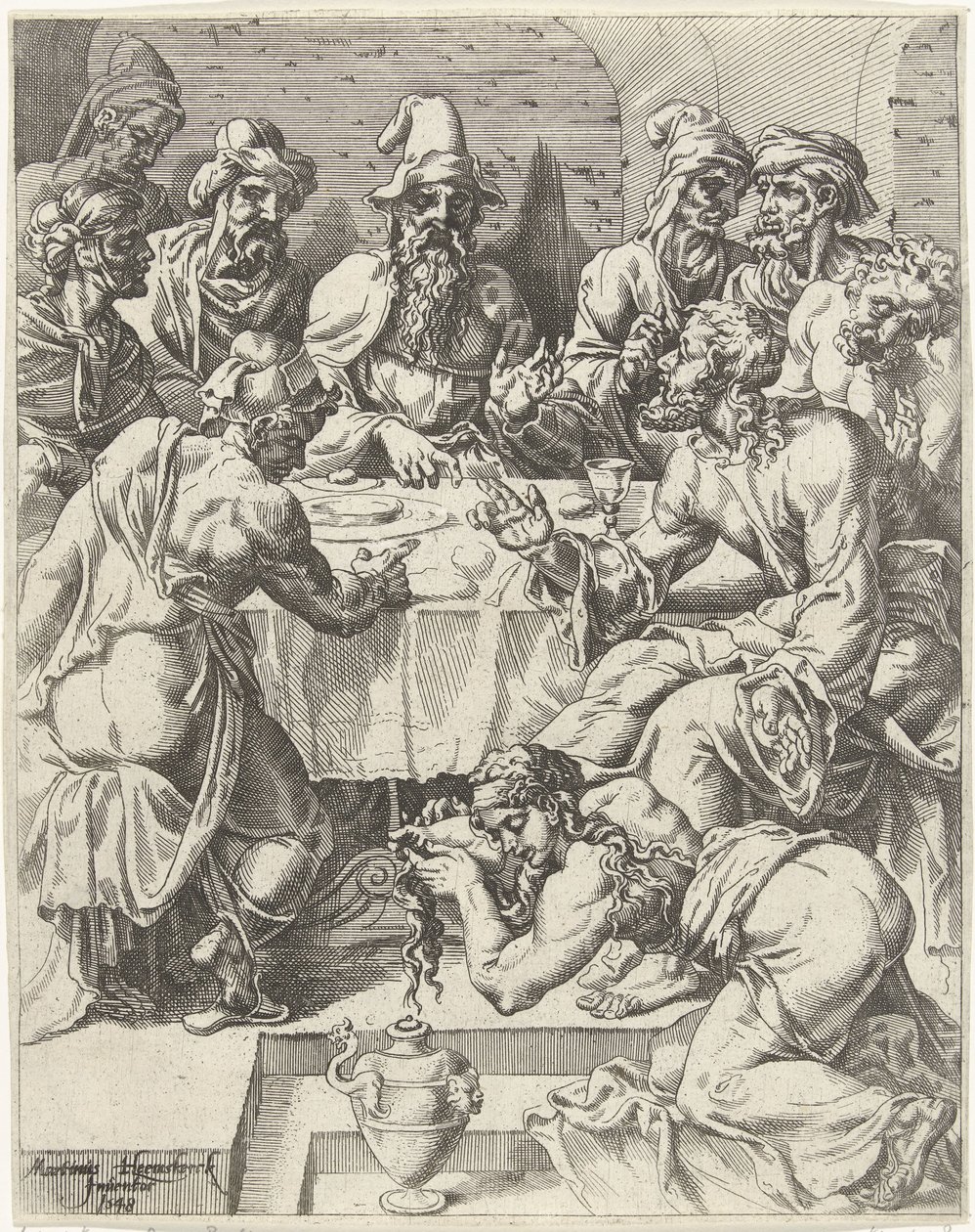 Maria Magdaleena pesee Kristuksen jalat Ihmiskunnan lankeemus ja lunastus Kristuksen elämän ja kärsimyksen kautta (sarjan nimi) tekijältä Dirck Volckertsz. Coornhert (attributed to)