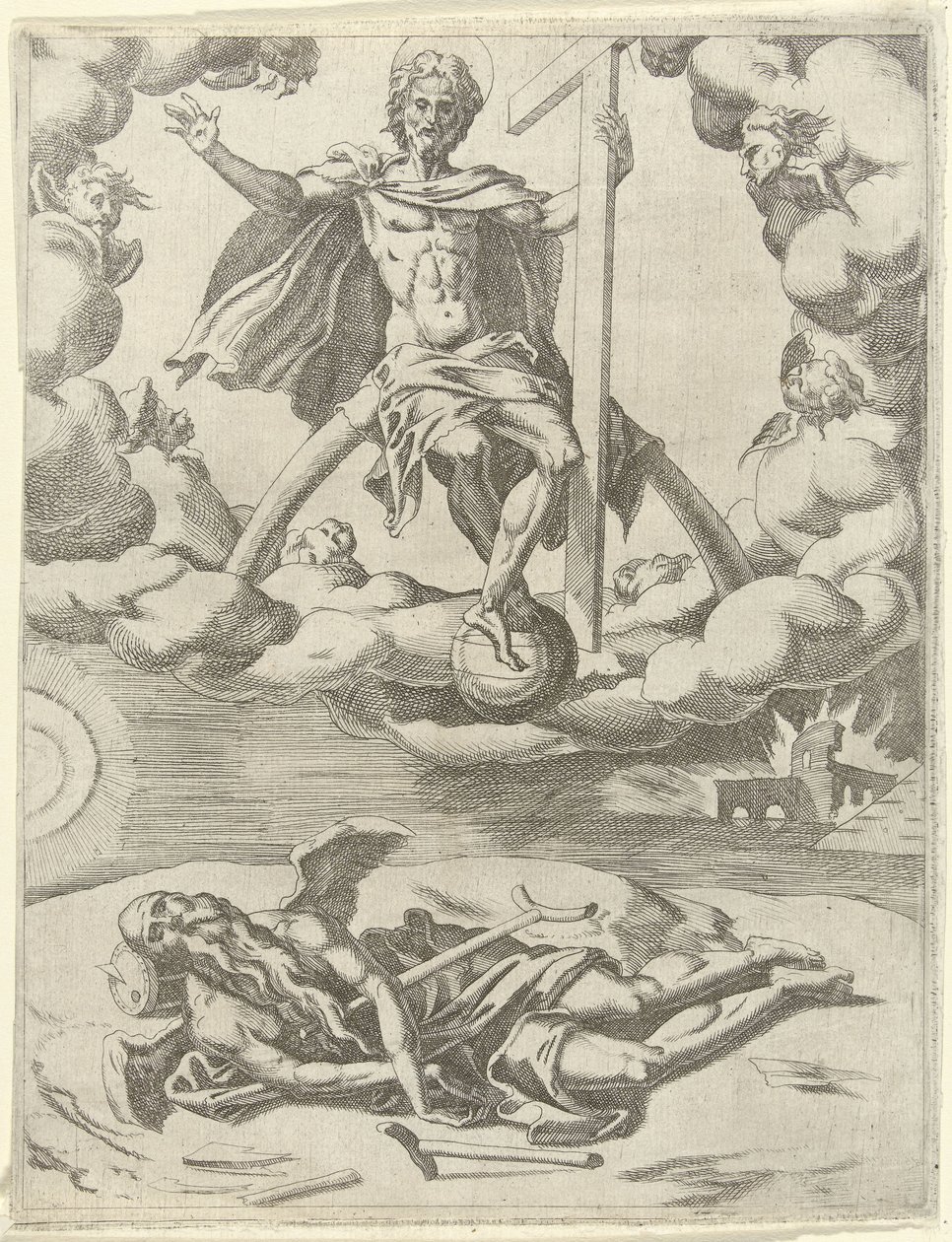 Kristus voittaa ajan Triumphs of Petrarch (sarjan nimi) tekijältä Dirck Volckertsz. Coornhert (possibly)