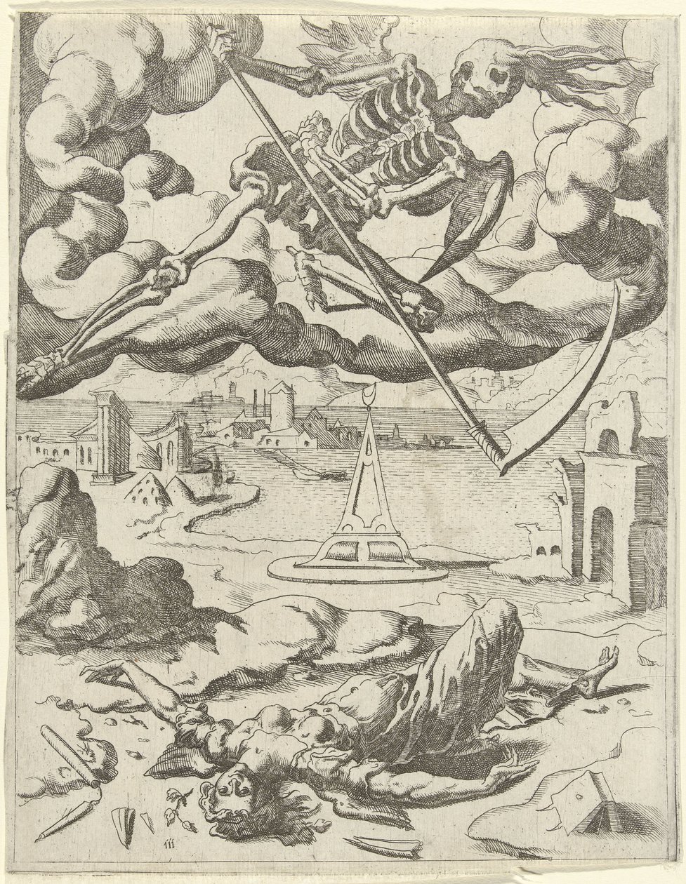 Kuolema voittaa uskon Triumphs of Petrarch (sarjan nimi) tekijältä Dirck Volckertsz. Coornhert (possibly)