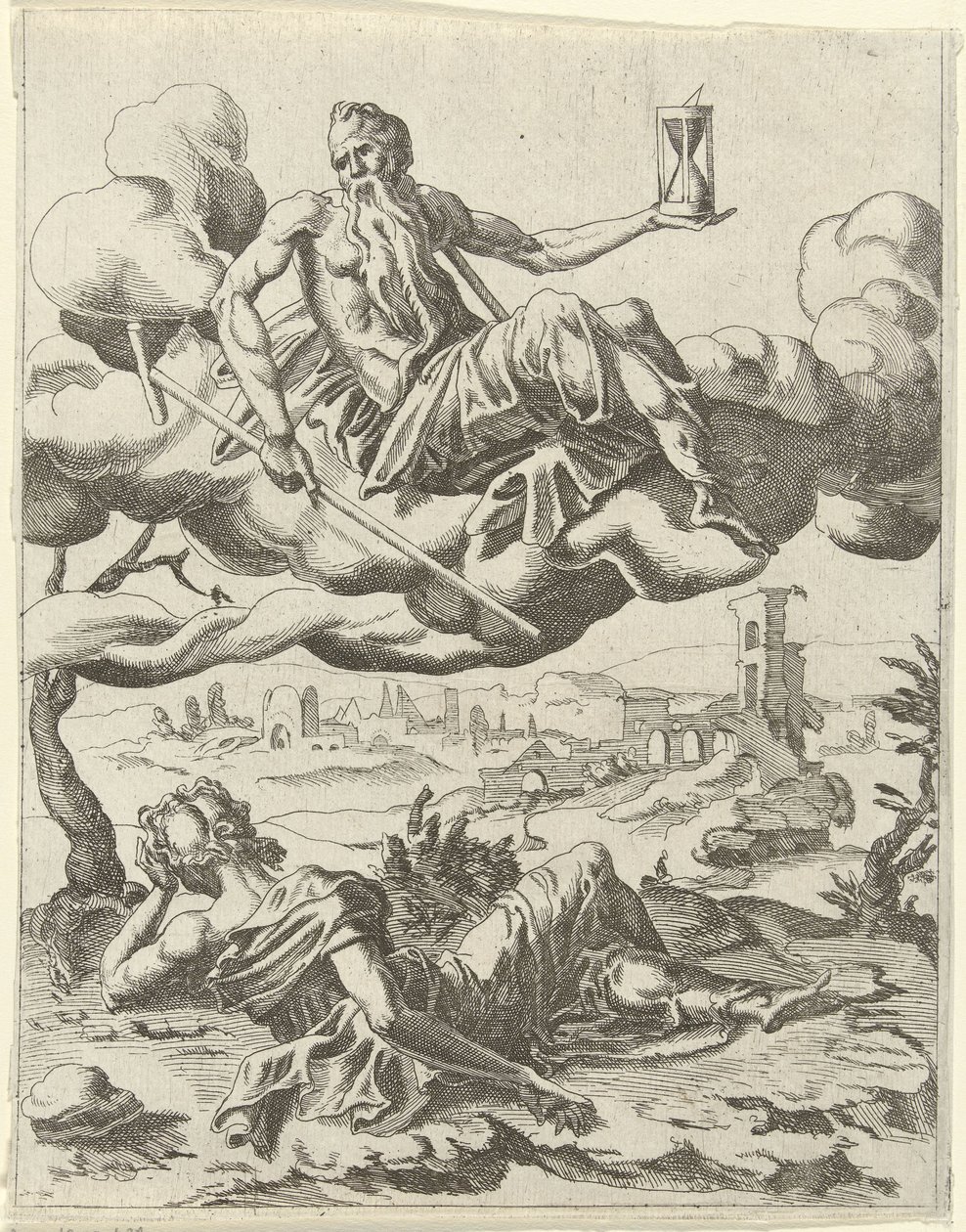Aika voittaa mainetta Triumphs of Petrarch (sarjan nimi) tekijältä Dirck Volckertsz. Coornhert (possibly)
