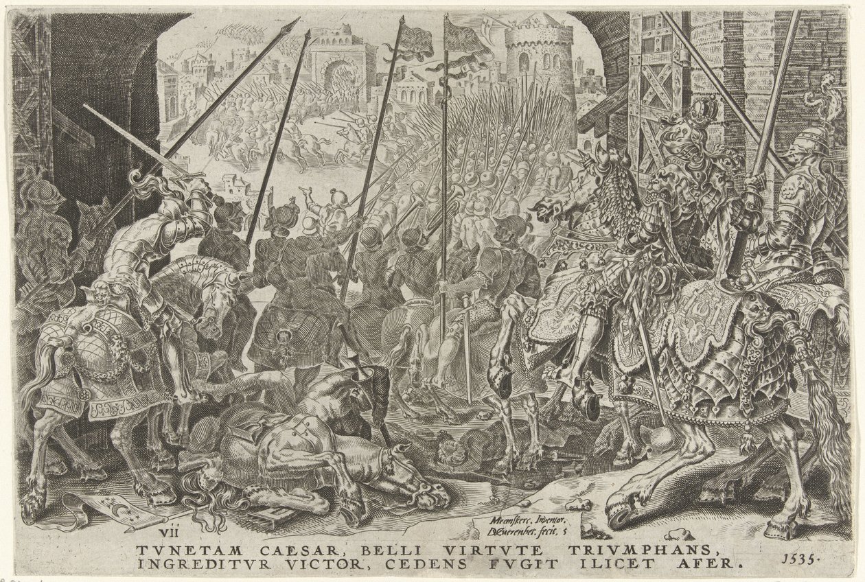 Inname van Tunis, 1535 Overwinningen van Karel V (sarjan nimi) Kaarle Suuri V. imp. valita. max. voitto, tärkein monista (sarjan nimi) tekijältä Dirck Volckertsz. Coornhert