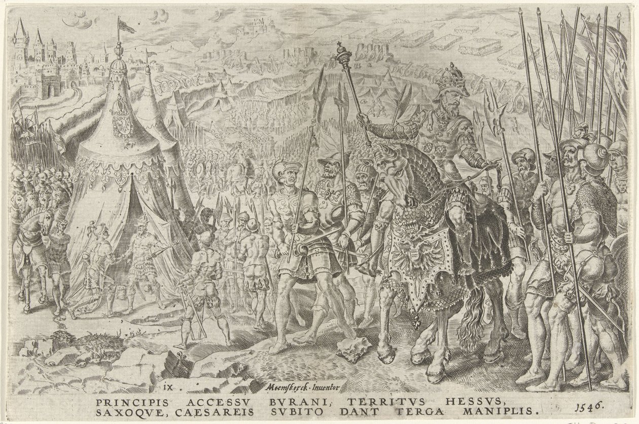 Keisarillinen leiri Ingolstadtissa, 1546 Kaarle V:n voitot (sarjan nimi) Divi Caroli. v. imp. valita. max. victoriae, ex multis praecipuae (sarjan nimi) tekijältä Dirck Volckertsz. Coornhert
