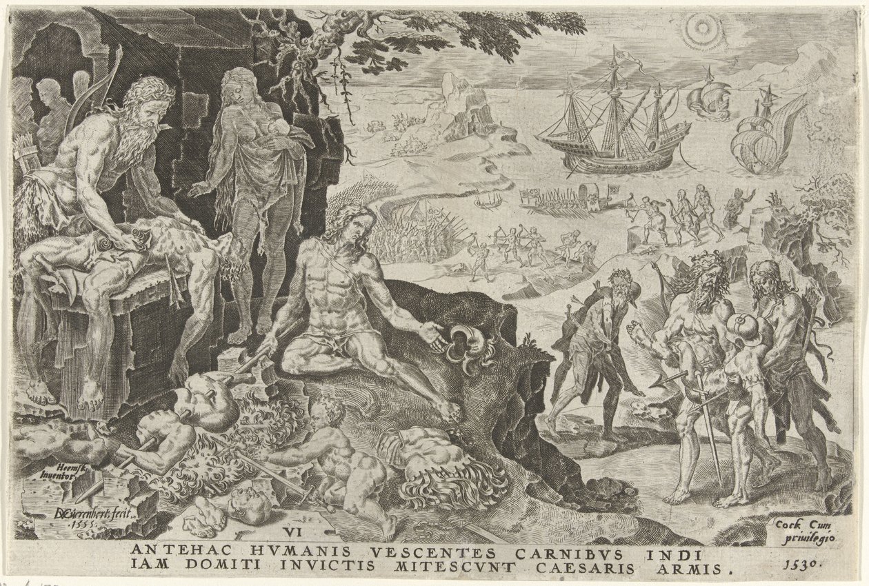 Kaarle V:n keisarilliset joukot hyökkäävät Keski-Amerikkaan vuonna 1530 Kaarle V:n voitot (sarjan nimi) Divi Caroli. v. imp. valita. max. victoriae, ex multis praecipuae (sarjan nimi) tekijältä Dirck Volckertsz. Coornhert