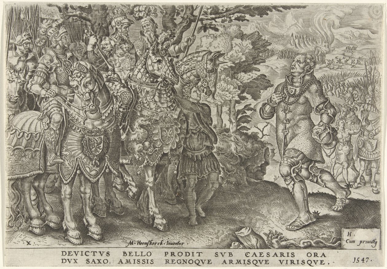 Saksin herttuan antautuminen Mühlbergin taistelukentällä 1547 Kaarle V:n voitot (sarjan nimi) Divi Caroli. v. imp. valita. max. victoriae, ex multis praecipuae (sarjan nimi) tekijältä Dirck Volckertsz. Coornhert