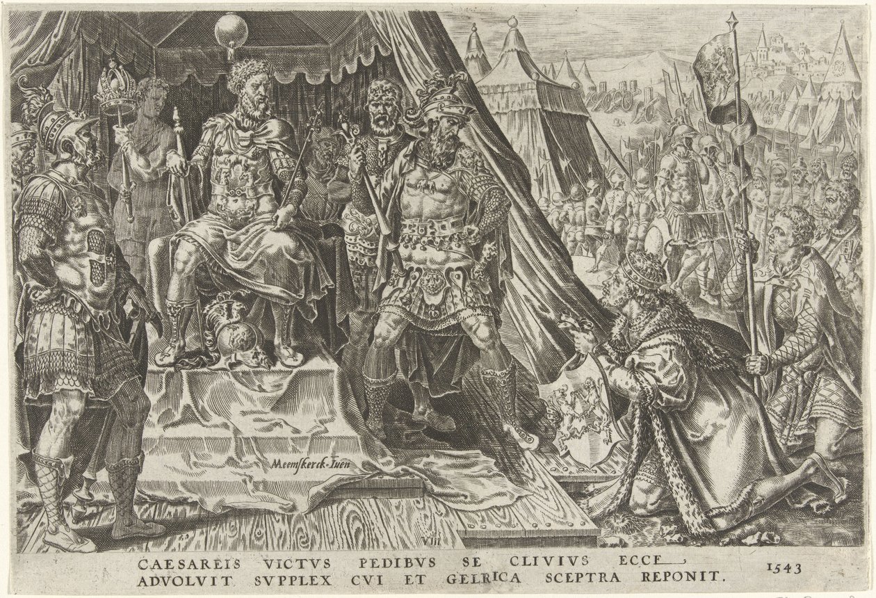 William II, Gelren herttua, alistuu Kaarle V:n auktoriteetille, 1543 Kaarle V:n voitot (sarjan nimi) Divi Caroli. v. imp. valita. max. victoriae, ex multis praecipuae (sarjan nimi) tekijältä Dirck Volckertsz. Coornhert