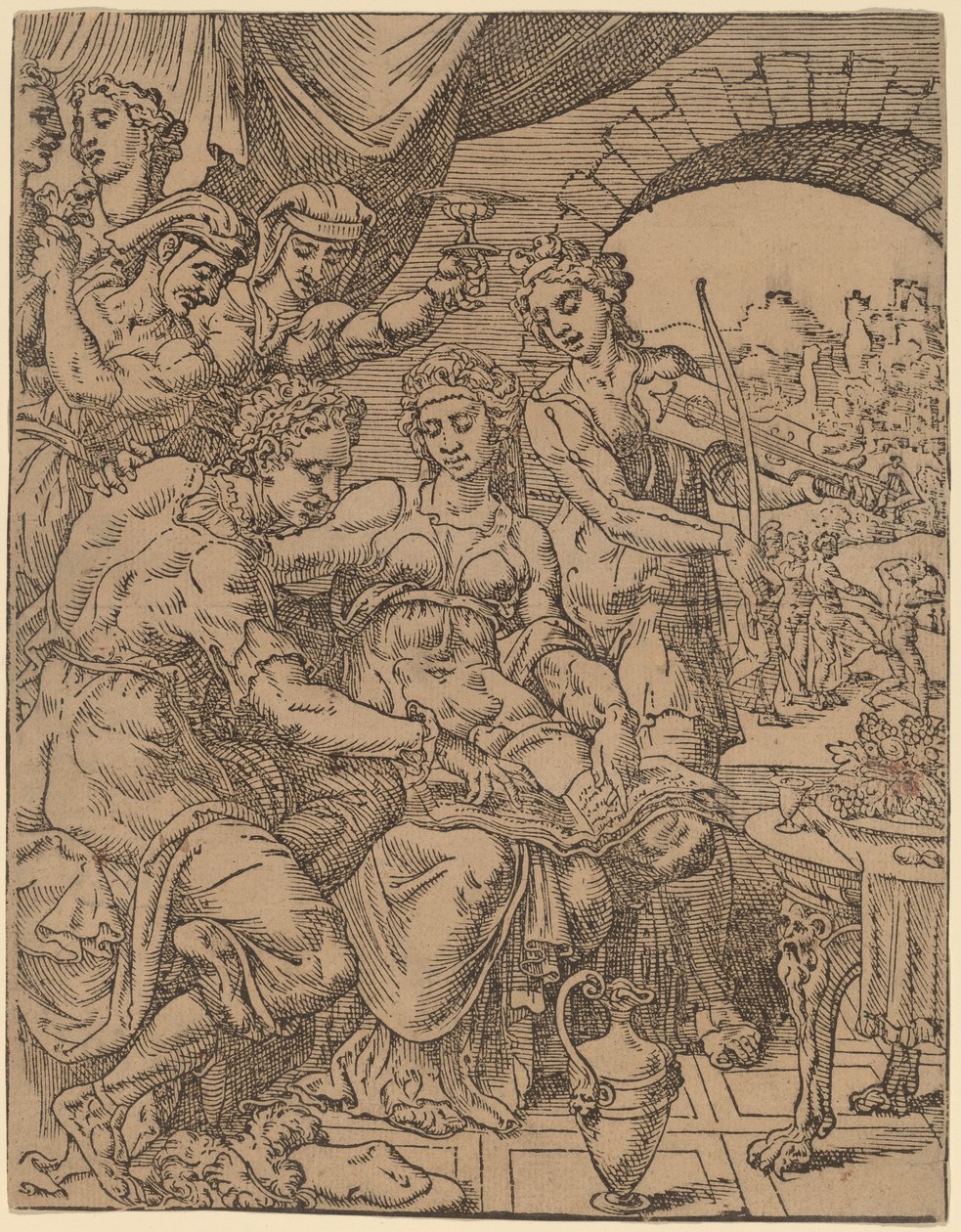 Tuhlaajapoika tuhlaamassa perintöään porttoihin tekijältä Dirck Volckertz Coornhert after Maerten van Heemskerck