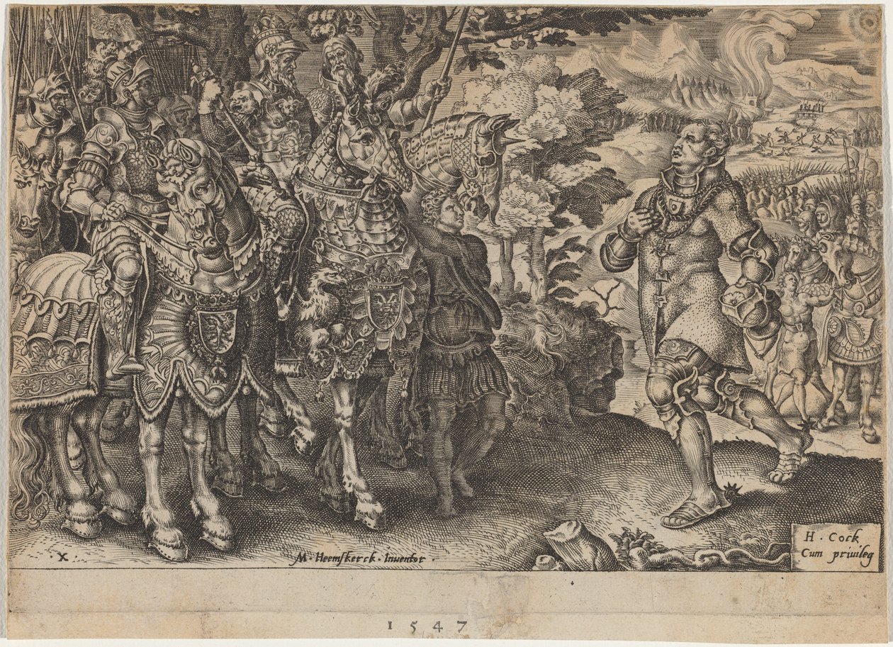 Saksin vaaliruhtinas John Frederickin antautuminen Mühlbergin taistelun jälkeen tekijältä Dirck Volckertz Coornhert, after Maerten van Heemskerck
