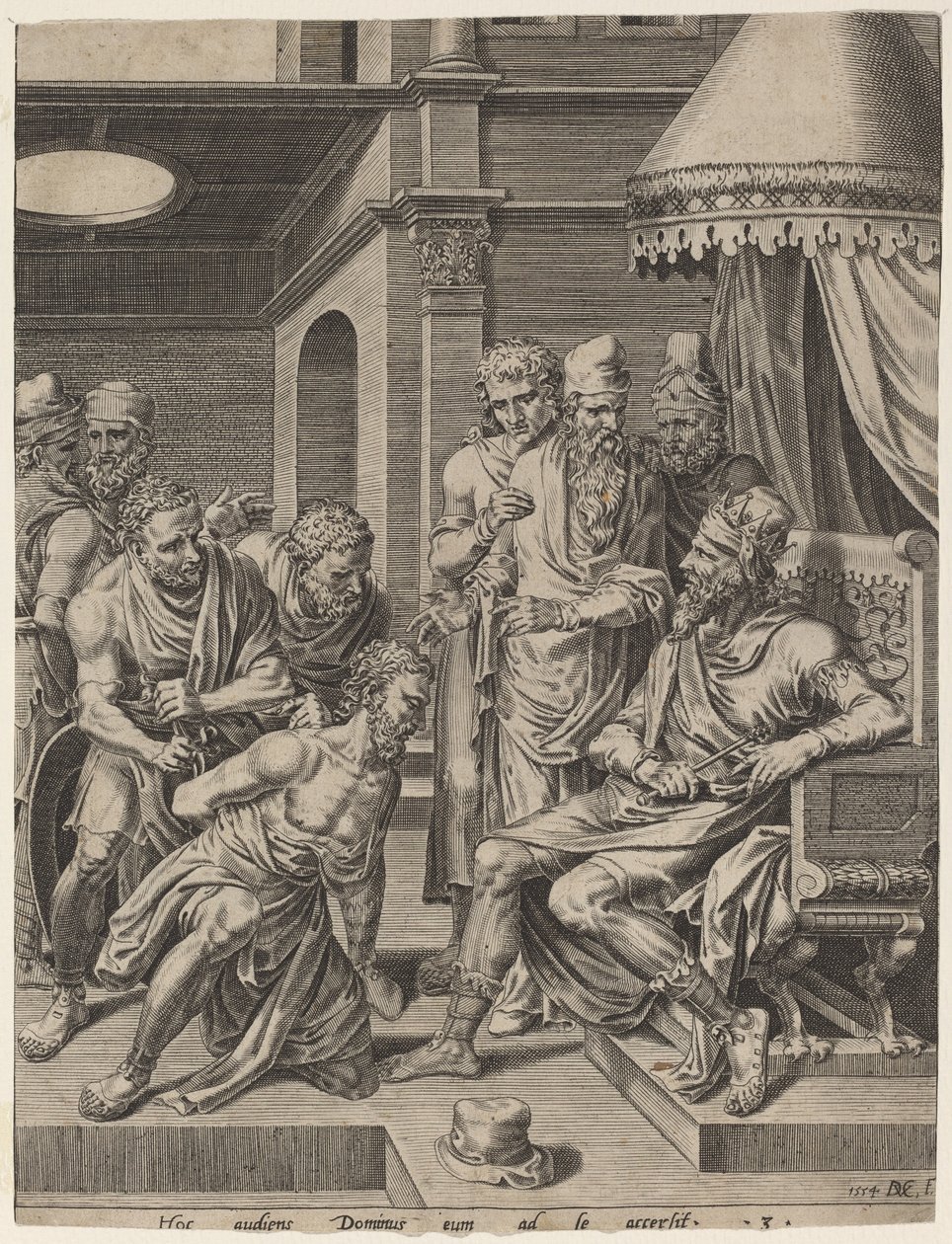 Armoton palvelija, joka tuotiin kuninkaan eteen tekijältä Dirck Volckertz Coornhert, after Maerten van Heemskerck