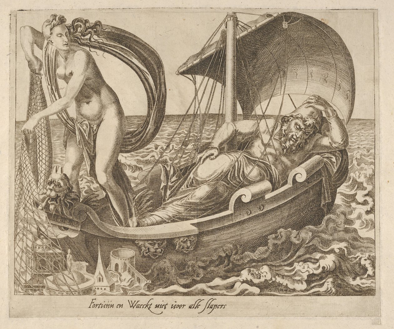 Fortune ei valvo kaikkia nukkujia Six Sayings about Fortune, ca. 1560. tekijältä Dirck Volkertsen Coornhert