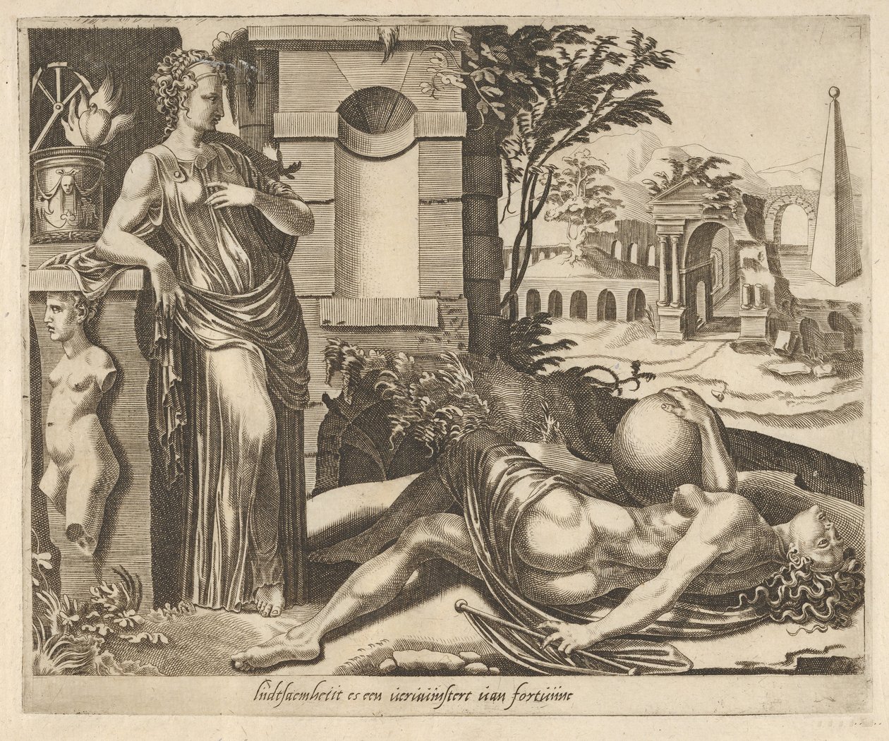 Kärsivällisyys onnen voittajana julkaisusta Six Sayings about Fortune, ca. 1560. tekijältä Dirck Volkertsen Coornhert