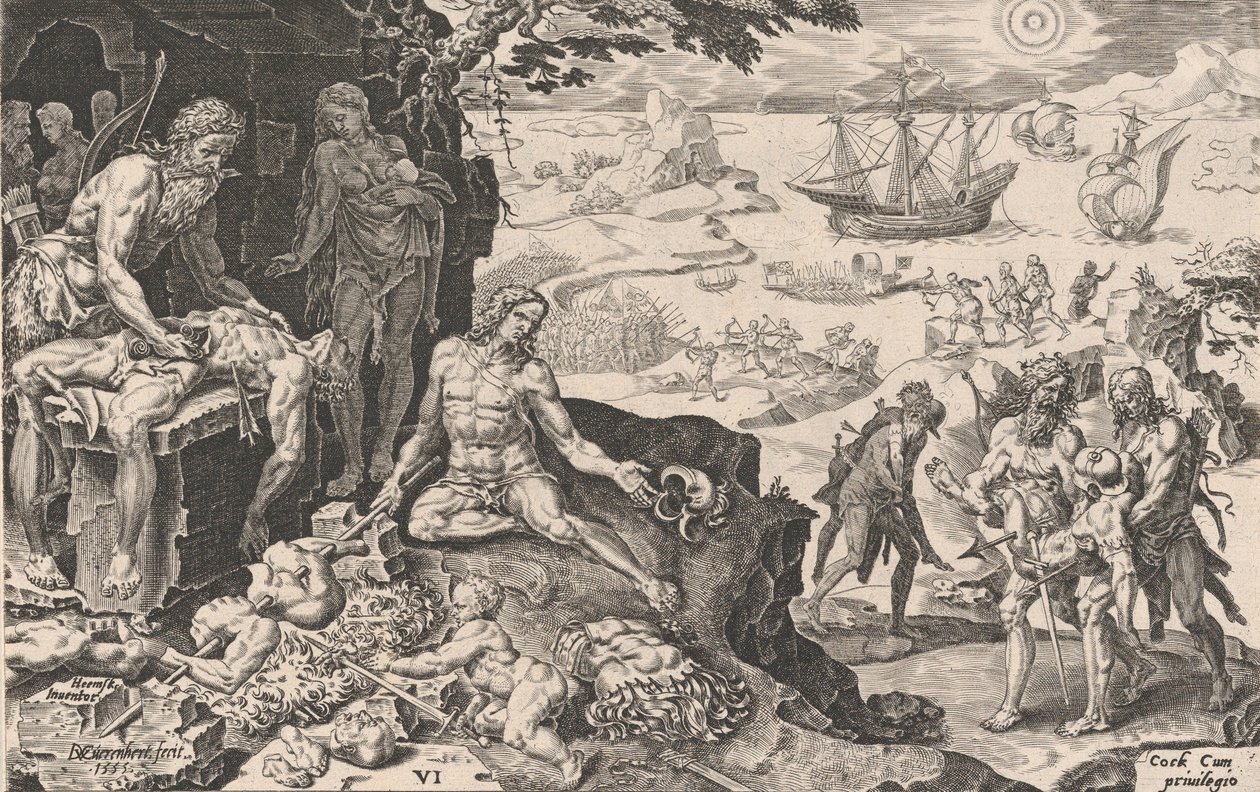 Keisarilliset joukot, jotka tuovat sivilisaatiota intiaaneille, keisarin Ch... voitoista, 1555. tekijältä Dirck Volkertsen Coornhert