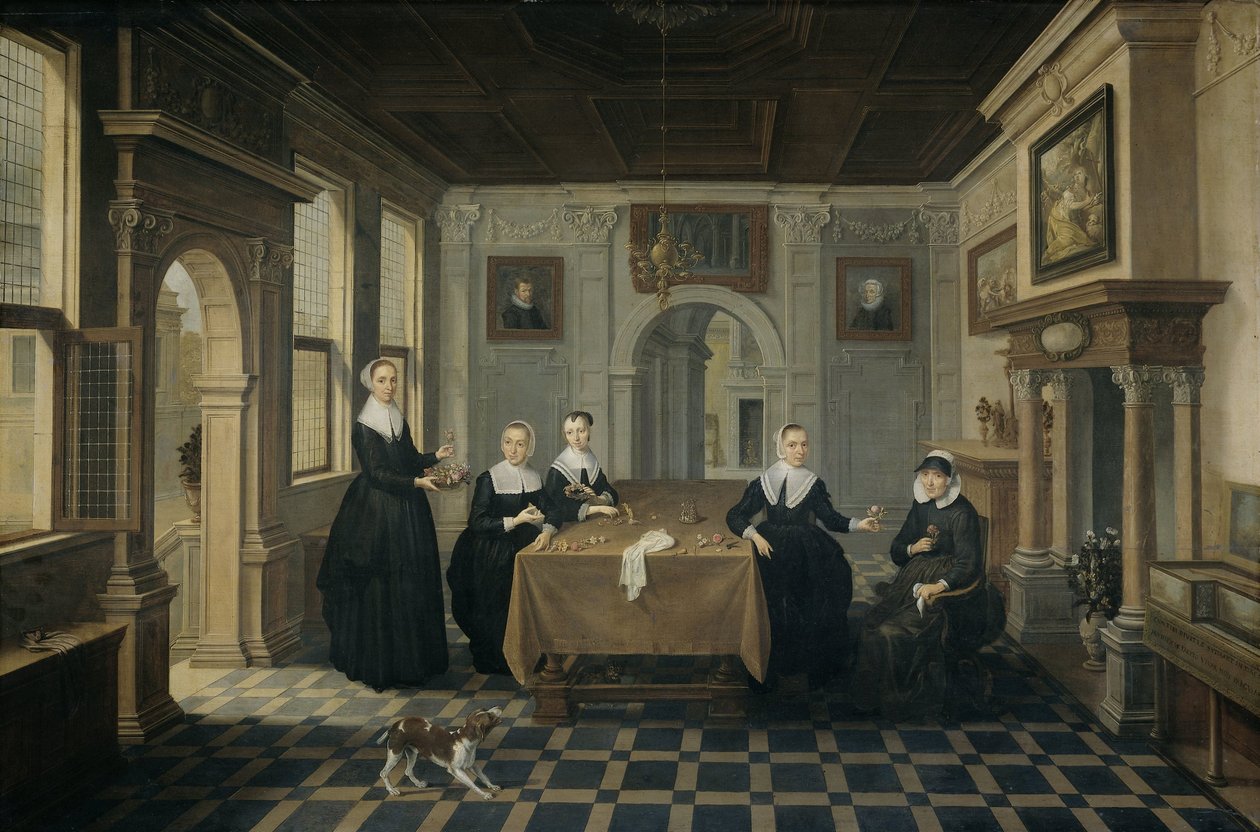 Viisi naista sisätiloissa tekijältä Dirck van Delen (attributed to)