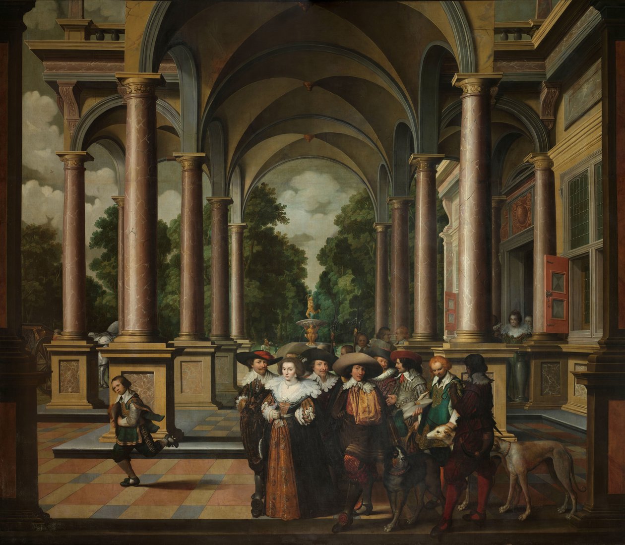 Galleria palatsista, jossa on koristearkkitehtuuria ja pylväitä Seitsemänosainen koristeellinen sekvenssi: Galleria tekijältä Dirck van Delen