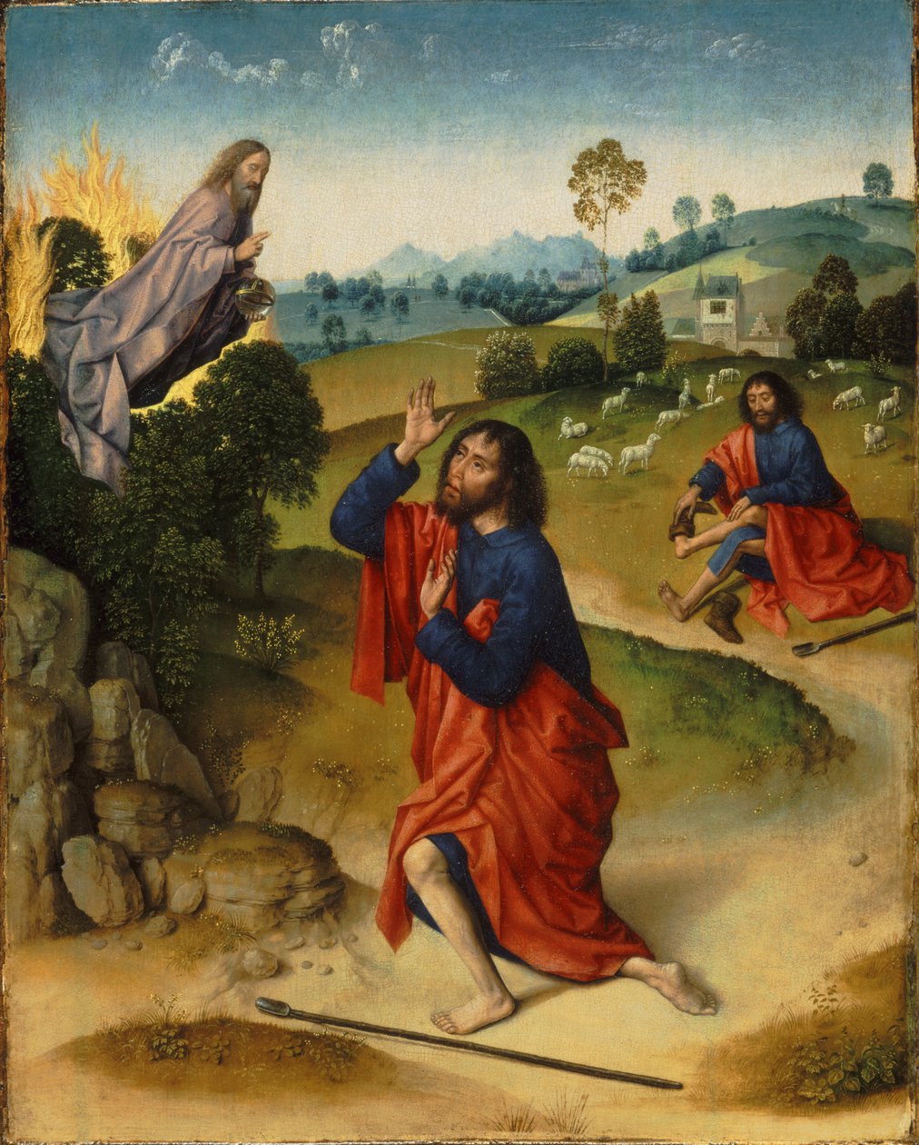 Mooses ja palava pensas, Mooses riisuessa kenkänsä, noin 1465 tekijältä Dirk Bouts