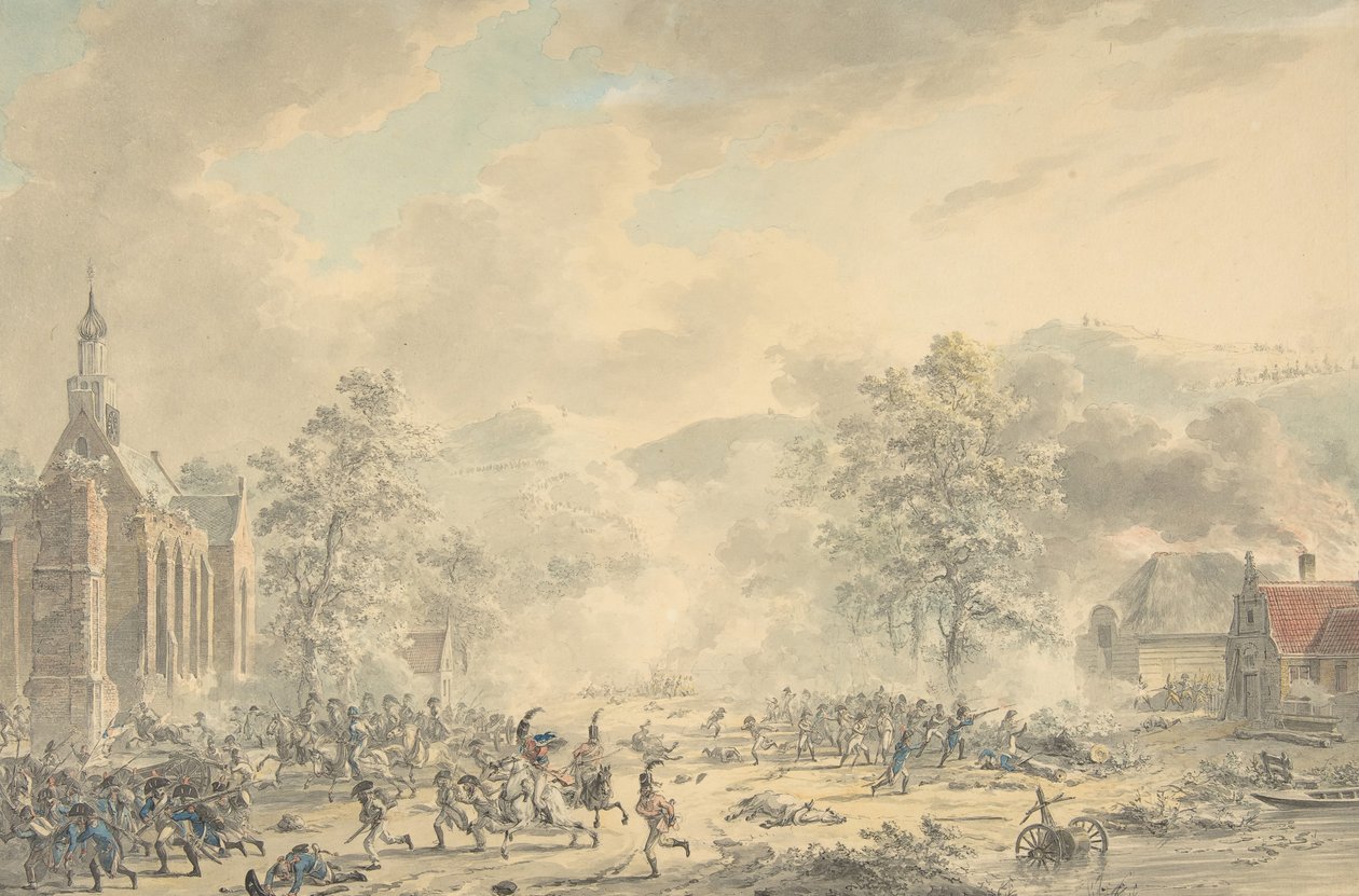Taistelukohtaus kirkon kanssa vasemmalla, n. 1790-1800. tekijältä Dirk Langendijk